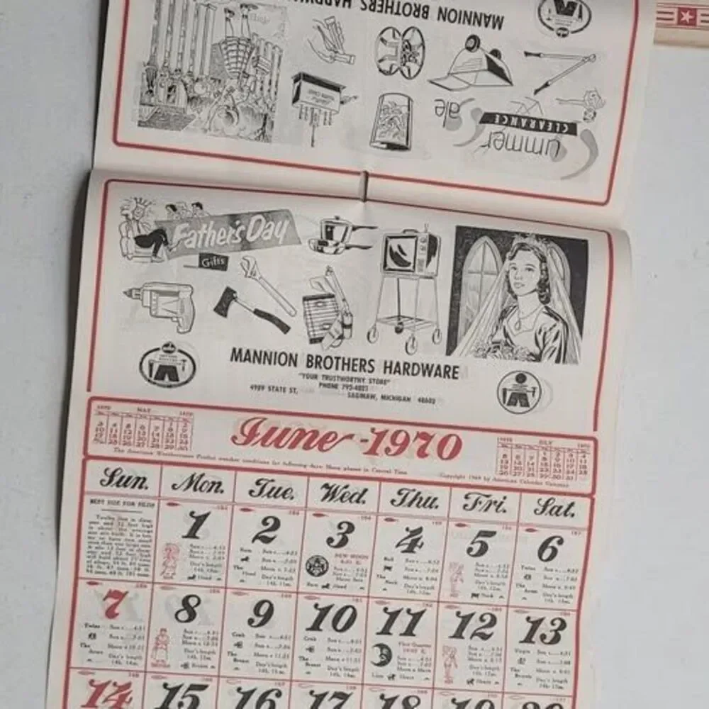 Vintage 1970 Mannion Brothers Hardware Calendar